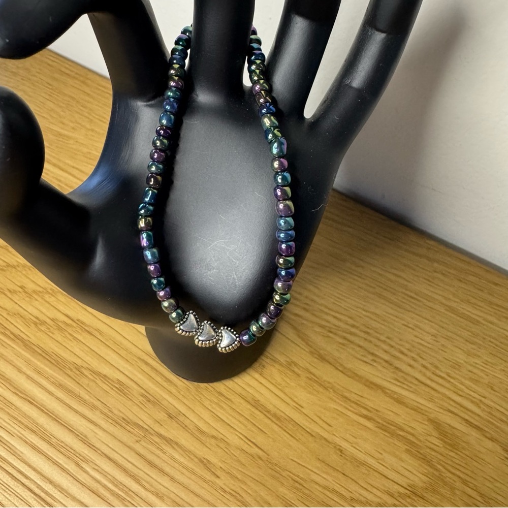 Glass Elastic Beaded Bracelet Multi-color Metal Antique Silver Plated Hearts